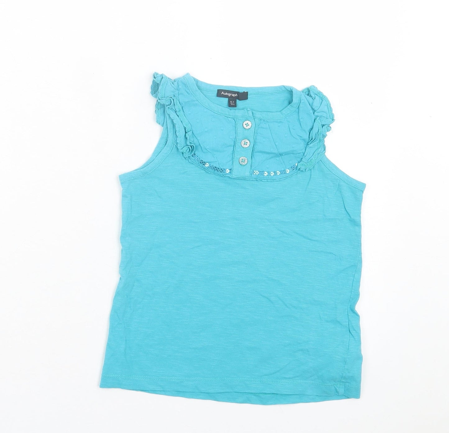 Autograph Girls Blue Geometric Cotton Basic Tank Size 6-7 Years Crew Neck Pullover - Frill Detail