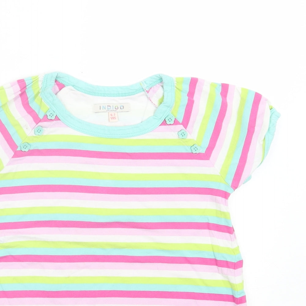 Indigo Girls Multicoloured Striped Cotton Basic T-Shirt Size 6-7 Years Crew Neck Pullover - Pink, White, Green, & Blue