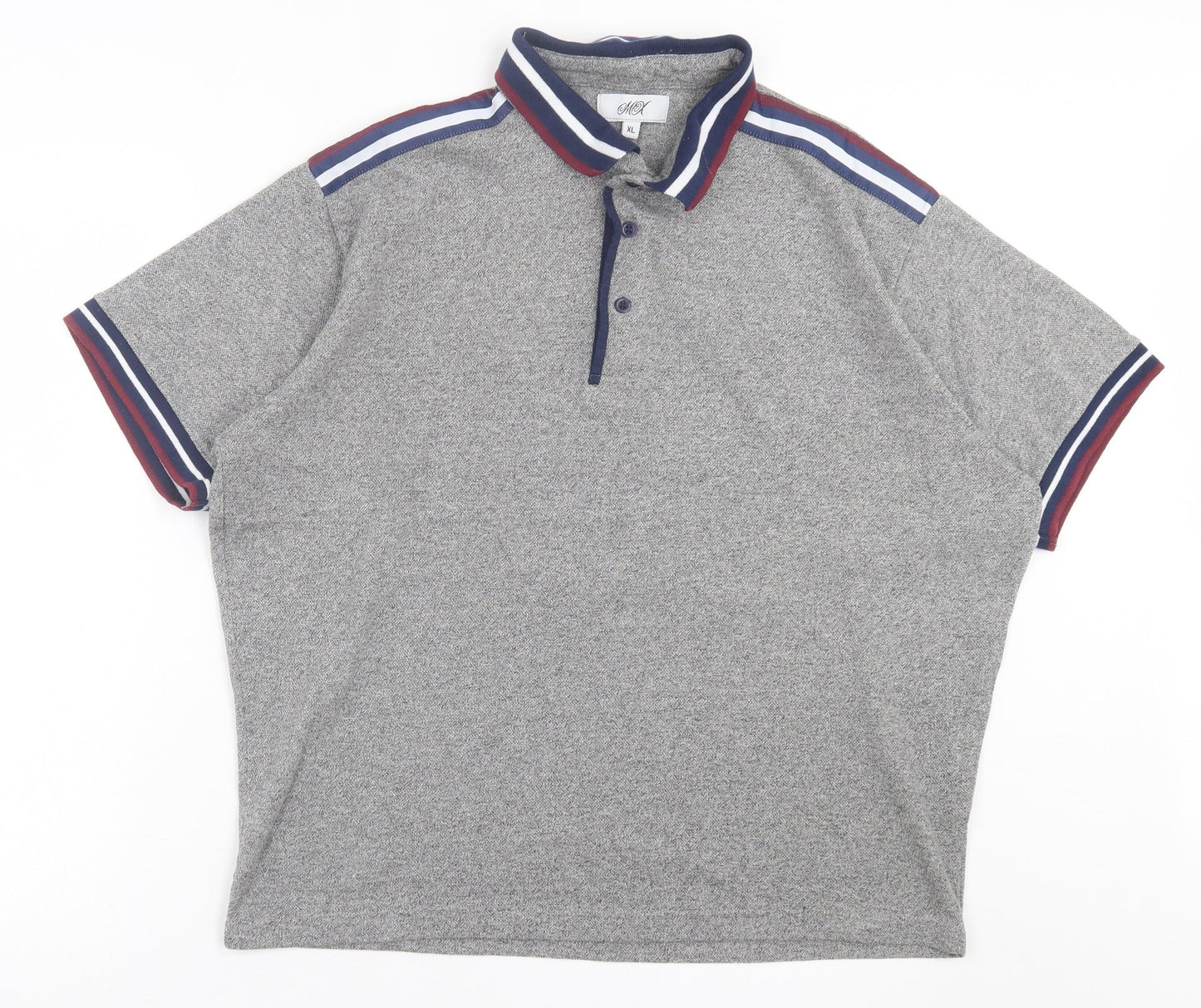 MX Mens Grey Striped Polyester Polo Size XL Collared Button - Grey, Burgandy, White & Blue