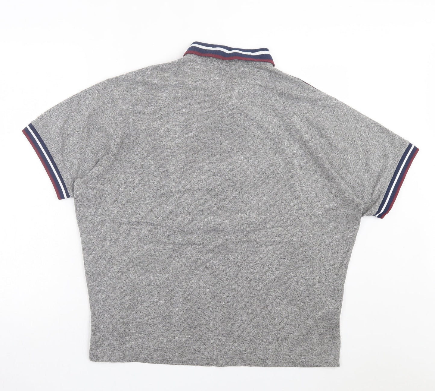 MX Mens Grey Striped Polyester Polo Size XL Collared Button - Grey, Burgandy, White & Blue