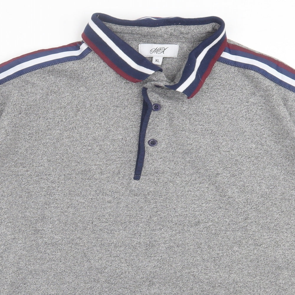 MX Mens Grey Striped Polyester Polo Size XL Collared Button - Grey, Burgandy, White & Blue