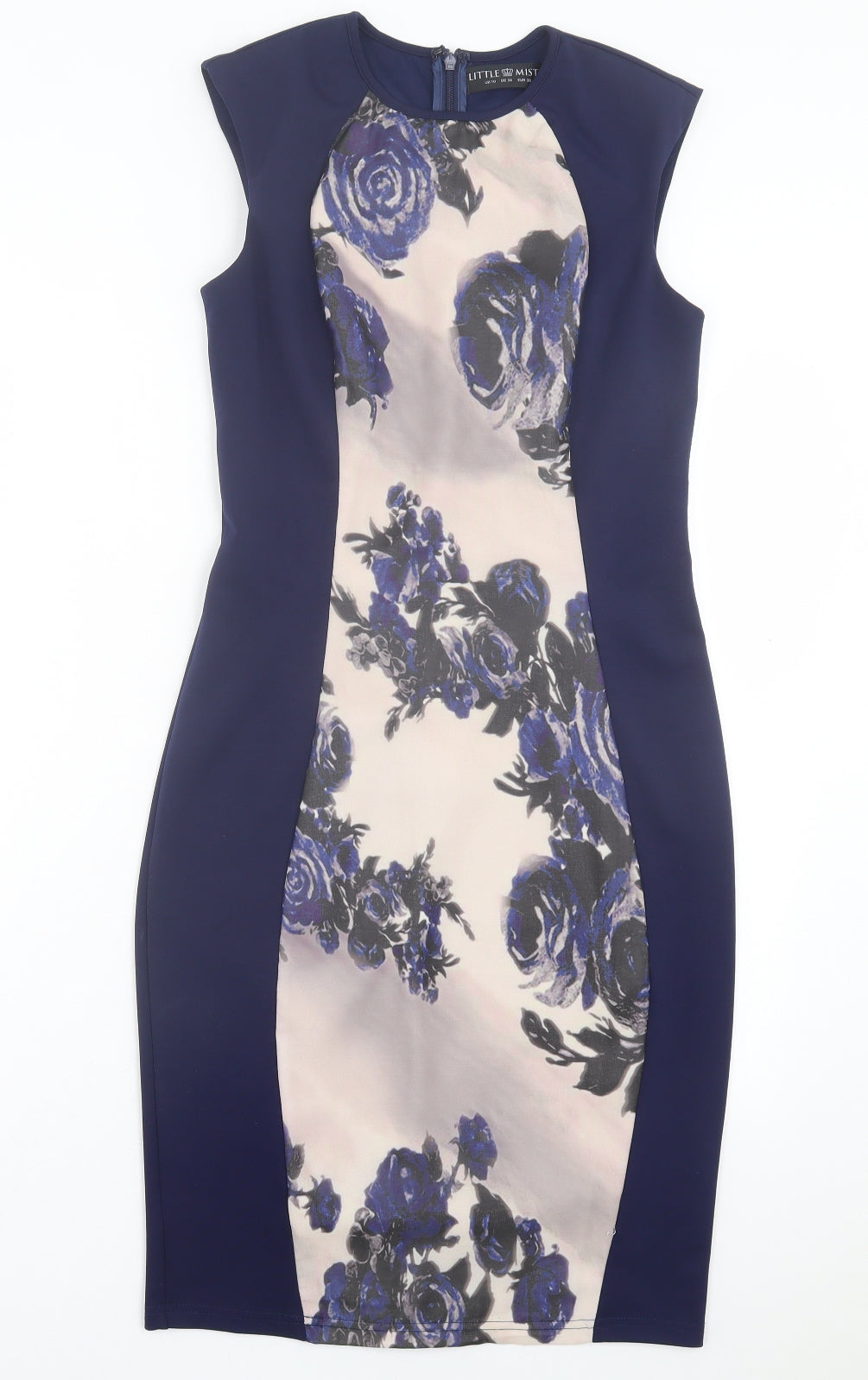 Little Mistress Womens Blue Floral Polyester Bodycon Size 10 Crew Neck Zip