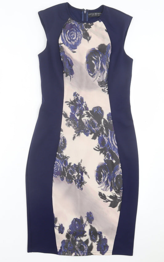 Little Mistress Womens Blue Floral Polyester Bodycon Size 10 Crew Neck Zip