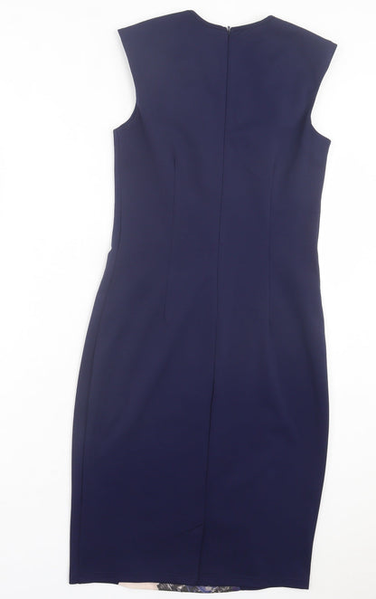Little Mistress Womens Blue Floral Polyester Bodycon Size 10 Crew Neck Zip