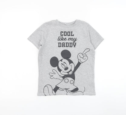 George Boys Grey Cotton Basic T-Shirt Size 7-8 Years Round Neck Pullover - Mickey Mouse, Slogan