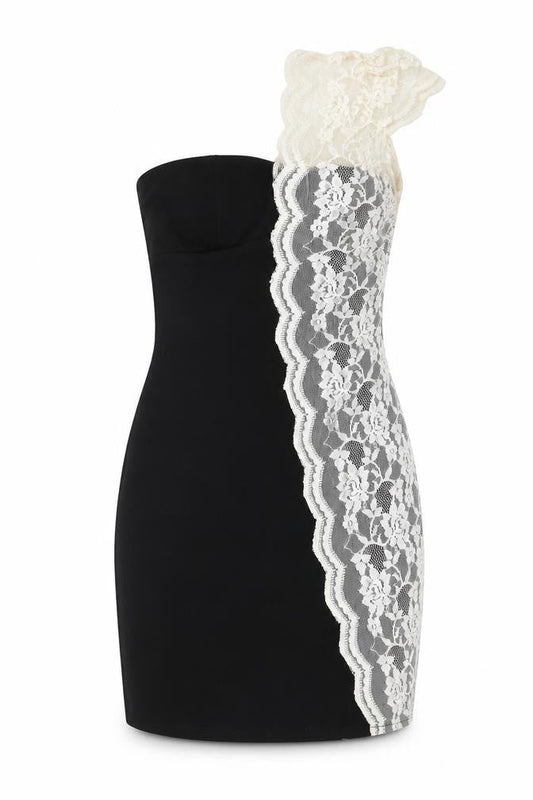 Goddova Womens Black Polyester Pencil Dress Size M One Shoulder Zip - Lace Detailing