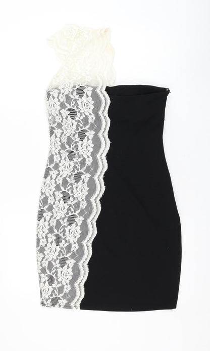 Goddova Womens Black Polyester Pencil Dress Size M One Shoulder Zip - Lace Detailing