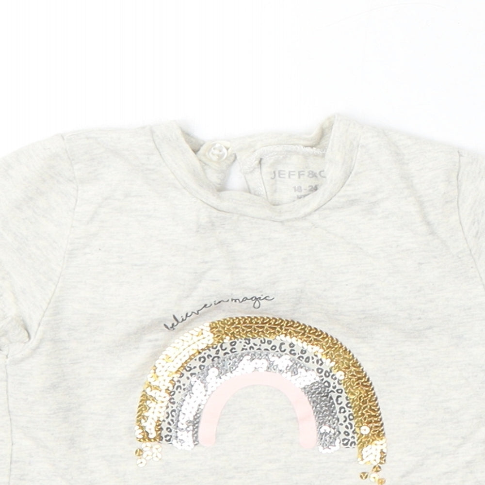 Jeff&Co Girls Grey Cotton Basic T-Shirt Size 18-24 Months Round Neck - Rainbow