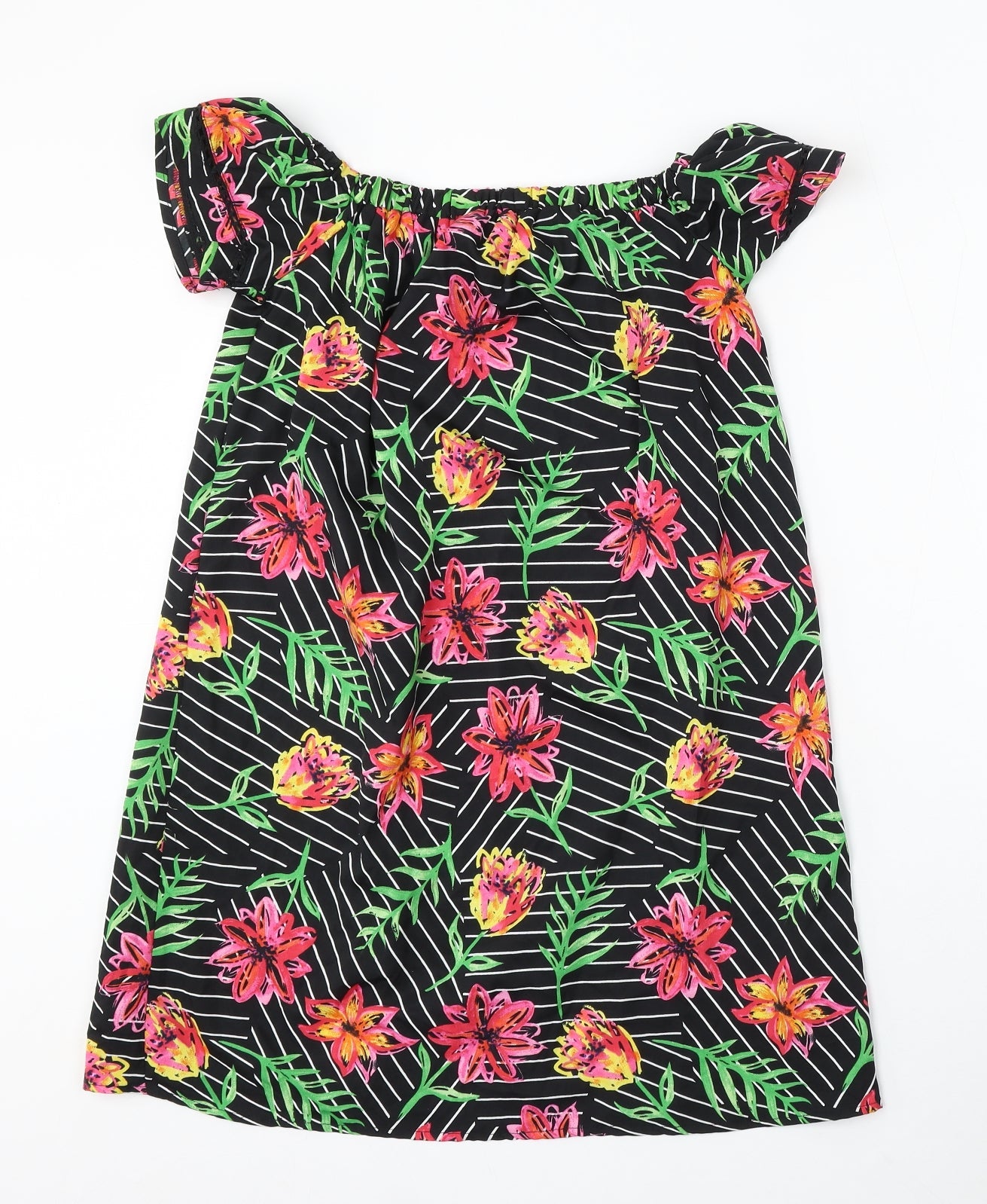 Primark Womens Black Floral Polyester Sheath Size 8 Boat Neck Pullover