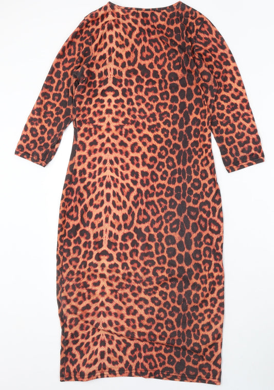 Club L Womens Brown Animal Print Polyester Sheath Size 12 Round Neck - Leopard Print