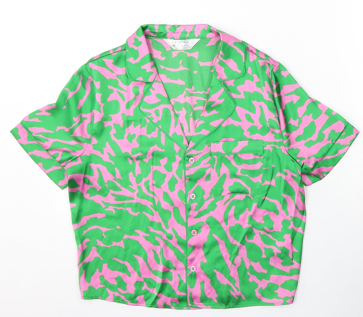 Primark Womens Green Geometric Polyester Basic Button-Up Size 6 Collared