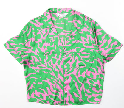 Primark Womens Green Geometric Polyester Basic Button-Up Size 6 Collared