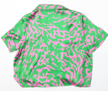 Primark Womens Green Geometric Polyester Basic Button-Up Size 6 Collared