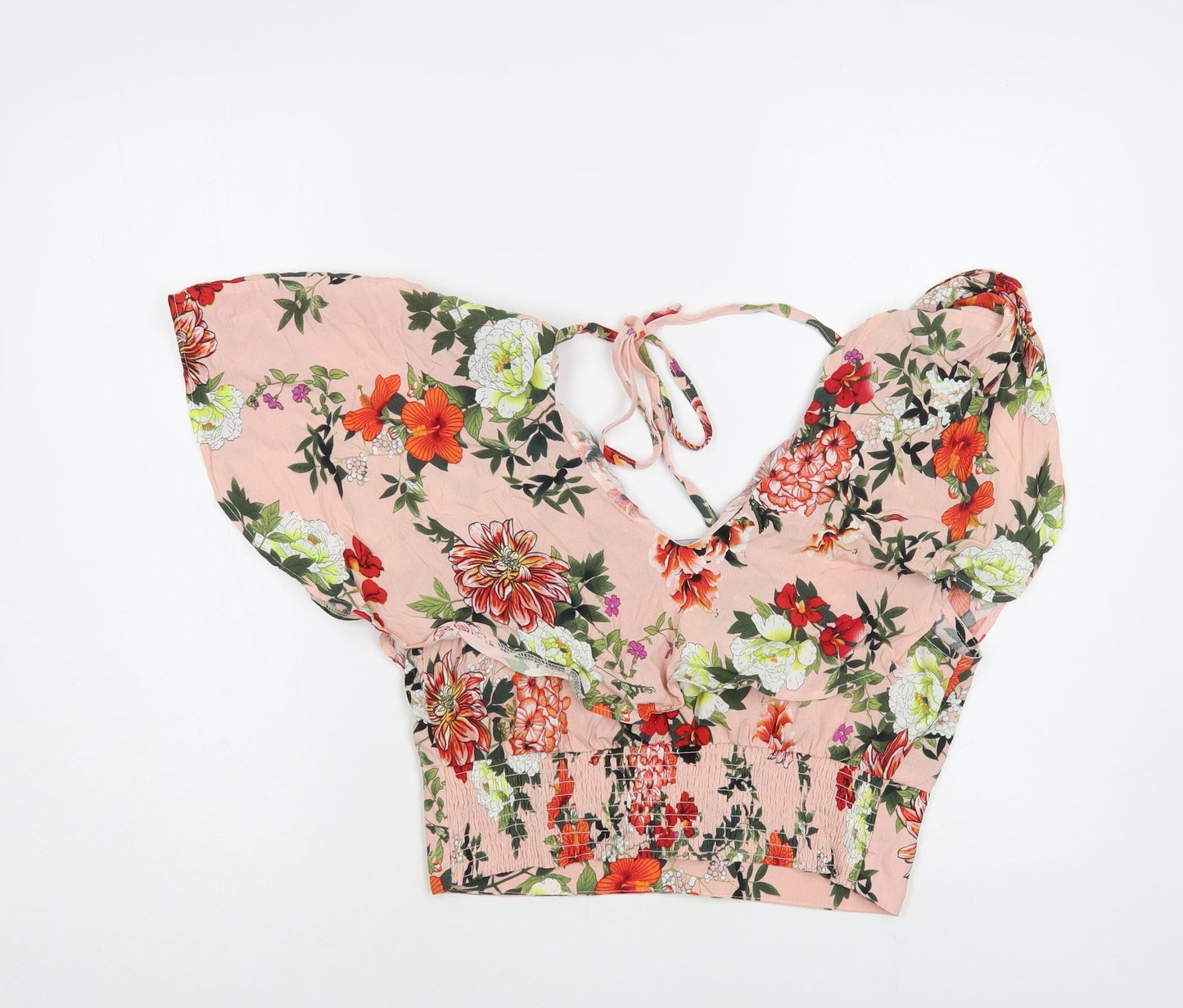 Dotti Womens Pink Floral Viscose Cropped Blouse Size 12 V-Neck