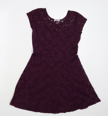 Wal G Womens Purple Floral Polyester Fit & Flare Size S Round Neck Pullover - Lace Overlay
