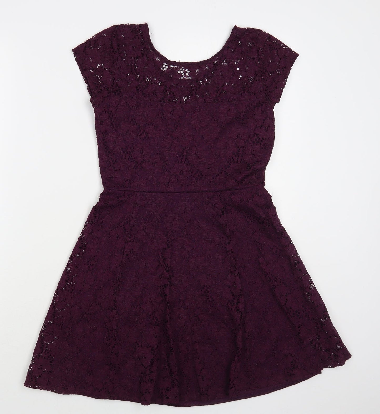 Wal G Womens Purple Floral Polyester Fit & Flare Size S Round Neck Pullover - Lace Overlay
