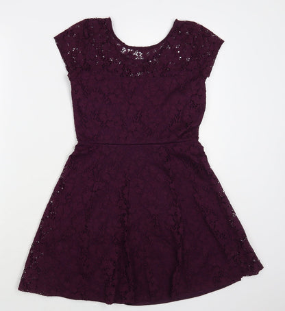 Wal G Womens Purple Floral Polyester Fit & Flare Size S Round Neck Pullover - Lace Overlay