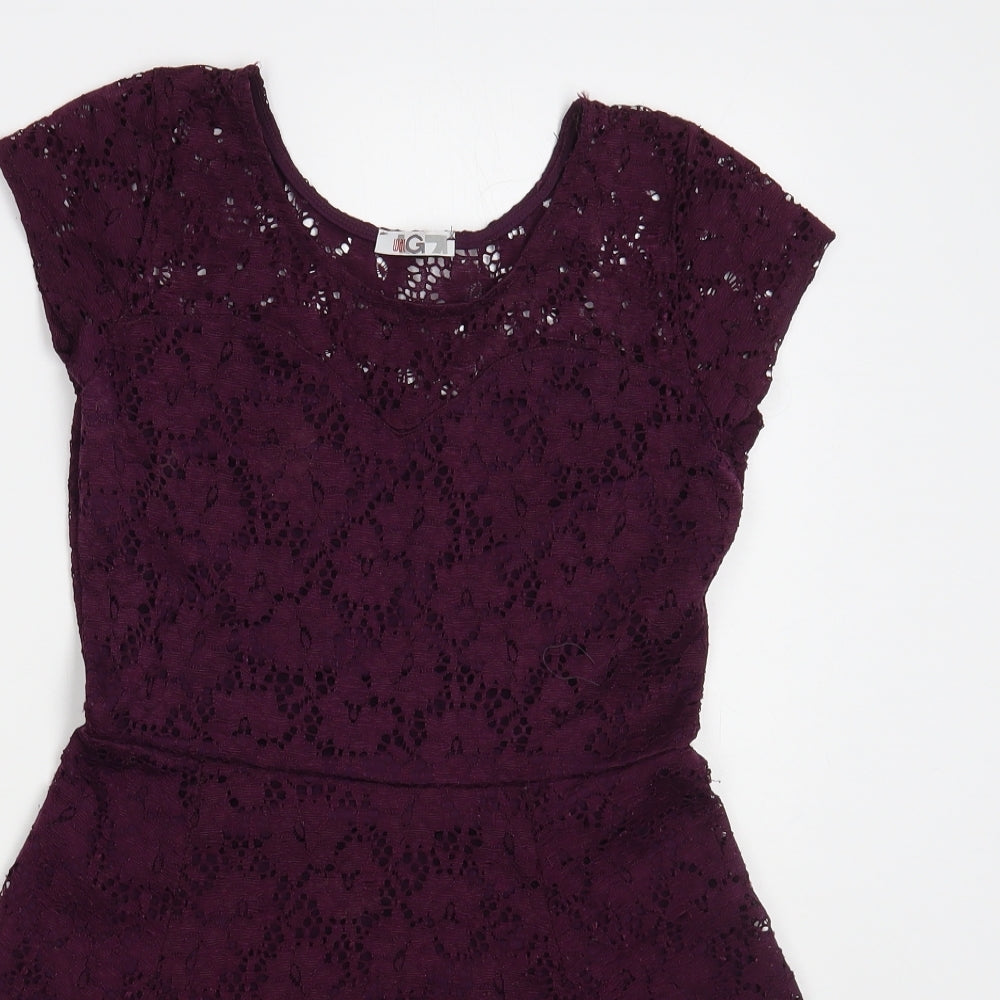Wal G Womens Purple Floral Polyester Fit & Flare Size S Round Neck Pullover - Lace Overlay