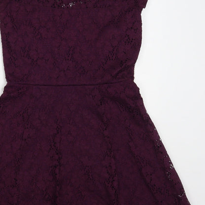 Wal G Womens Purple Floral Polyester Fit & Flare Size S Round Neck Pullover - Lace Overlay