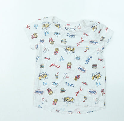 TU Boys White Geometric Cotton Basic T-Shirt Size 8 Years Round Neck - Fries Popcorn Cool Eyes Diamond
