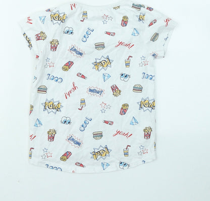 TU Boys White Geometric Cotton Basic T-Shirt Size 8 Years Round Neck - Fries Popcorn Cool Eyes Diamond
