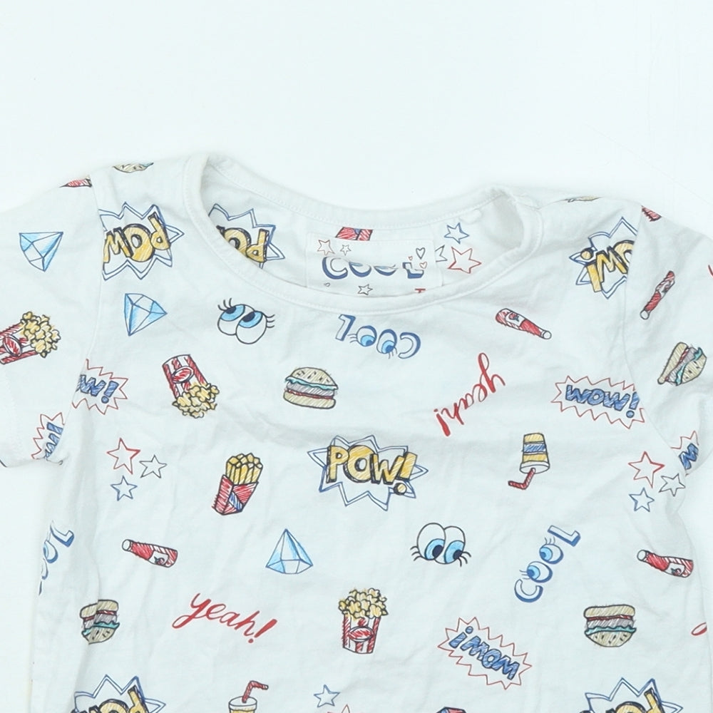 TU Boys White Geometric Cotton Basic T-Shirt Size 8 Years Round Neck - Fries Popcorn Cool Eyes Diamond