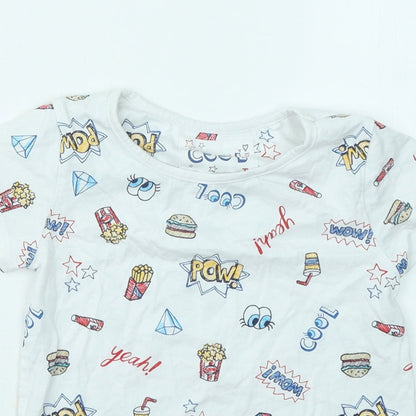 TU Boys White Geometric Cotton Basic T-Shirt Size 8 Years Round Neck - Fries Popcorn Cool Eyes Diamond