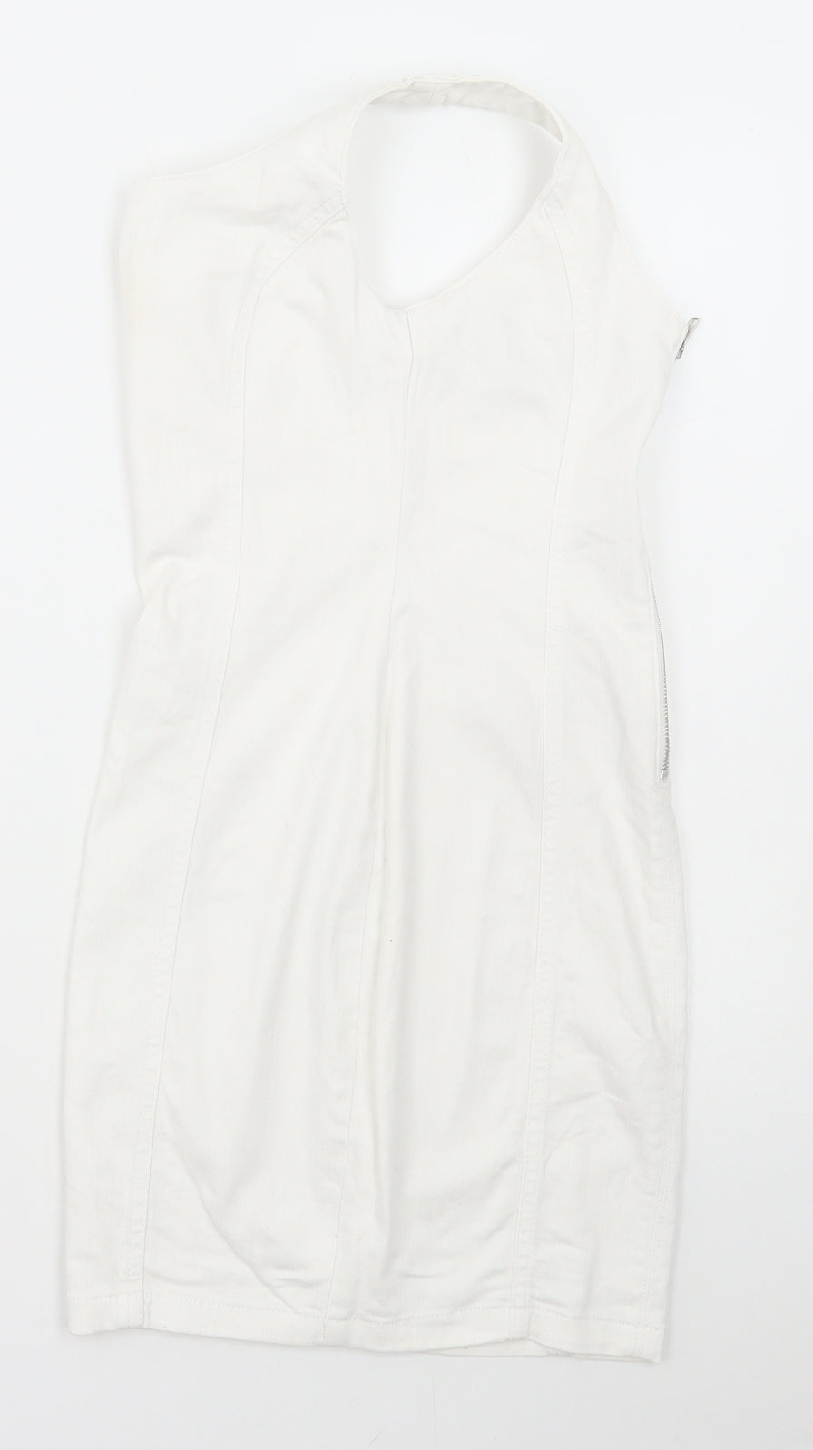 Denim & Co. Womens White Cotton Pinafore/Dungaree Dress Size 8 Halter Zip