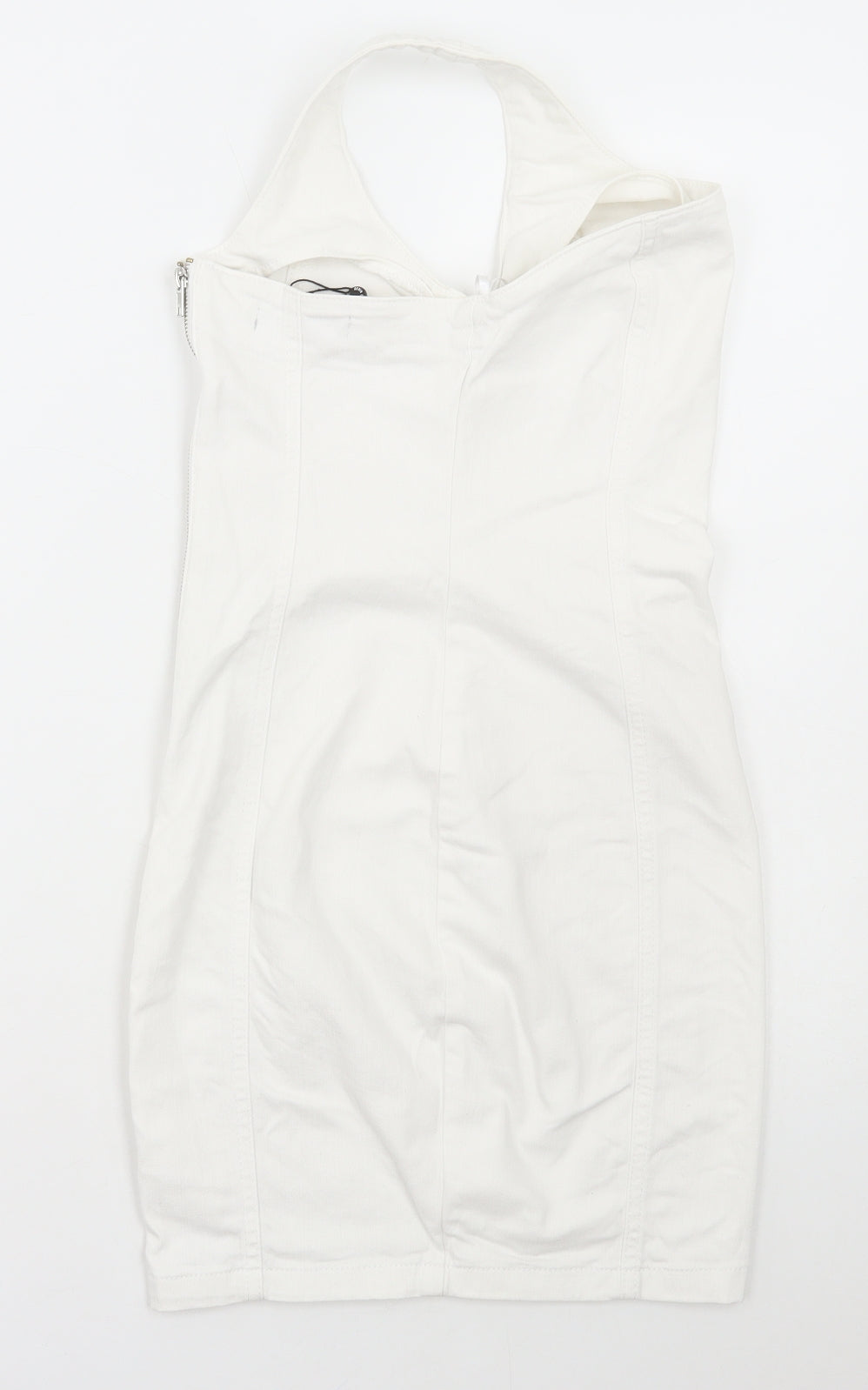 Denim & Co. Womens White Cotton Pinafore/Dungaree Dress Size 8 Halter Zip
