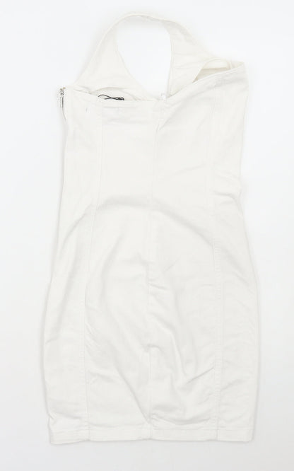 Denim & Co. Womens White Cotton Pinafore/Dungaree Dress Size 8 Halter Zip