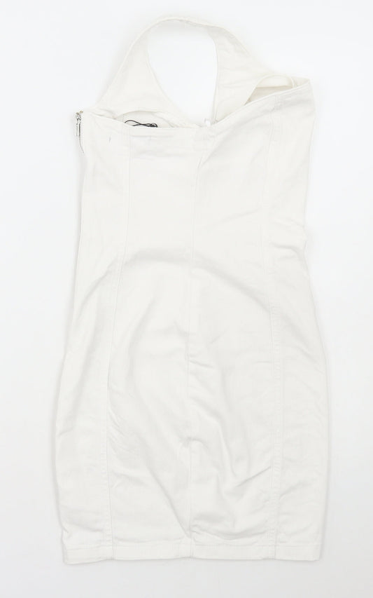 Denim & Co. Womens White Cotton Pinafore/Dungaree Dress Size 8 Halter Zip