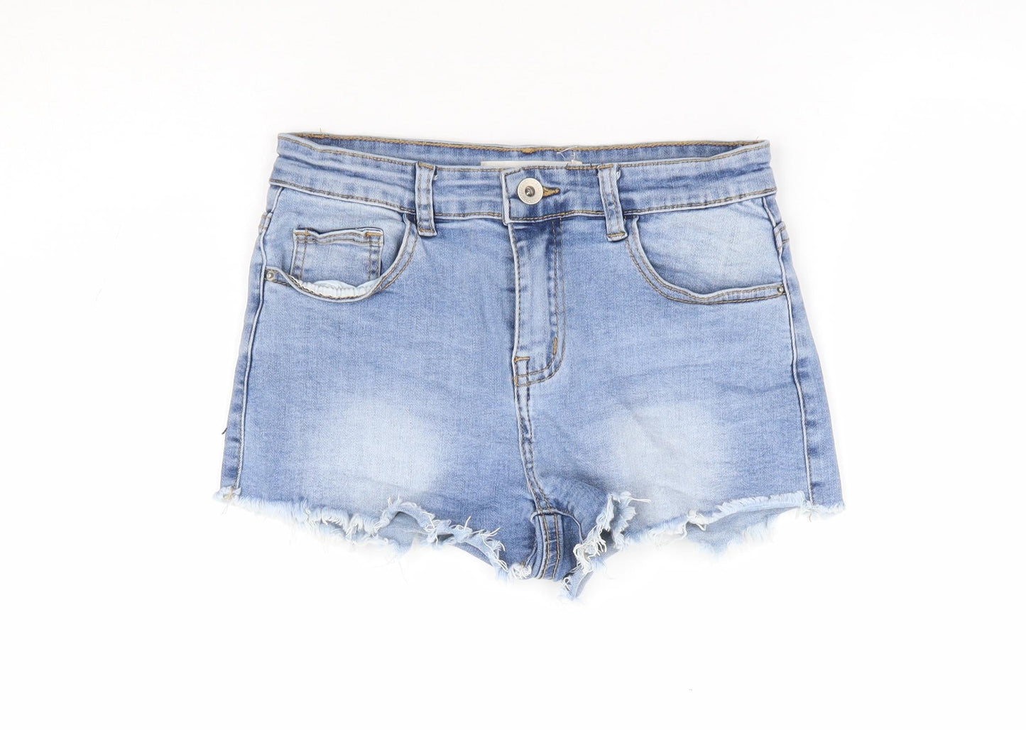 Cherry Koko Womens Blue Cotton Hot Pants Shorts Size S L3 in Regular Zip - Distressed Hems