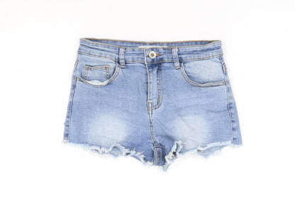 Cherry Koko Womens Blue Cotton Hot Pants Shorts Size S L3 in Regular Zip - Distressed Hems