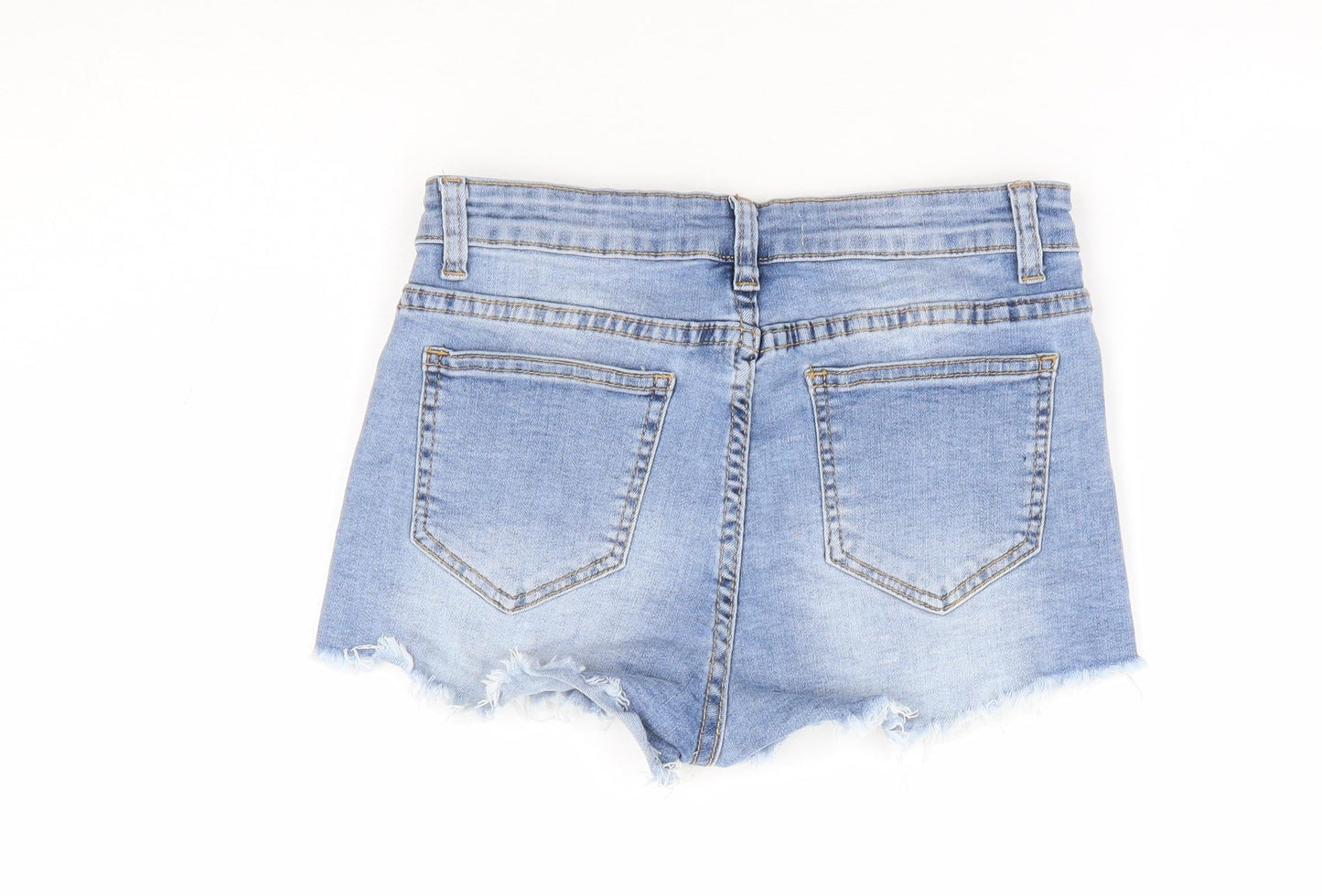 Cherry Koko Womens Blue Cotton Hot Pants Shorts Size S L3 in Regular Zip - Distressed Hems