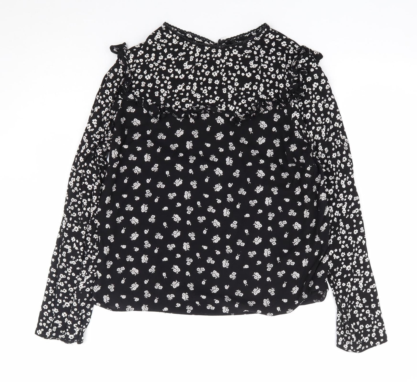 New Look Womens Black Floral Viscose Basic Blouse Size 10 Round Neck