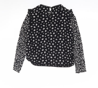 New Look Womens Black Floral Viscose Basic Blouse Size 10 Round Neck