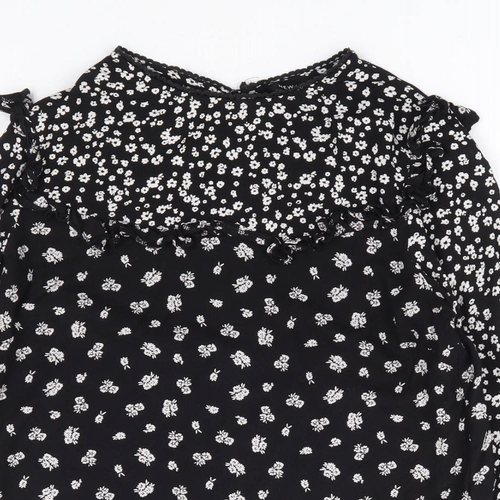 New Look Womens Black Floral Viscose Basic Blouse Size 10 Round Neck