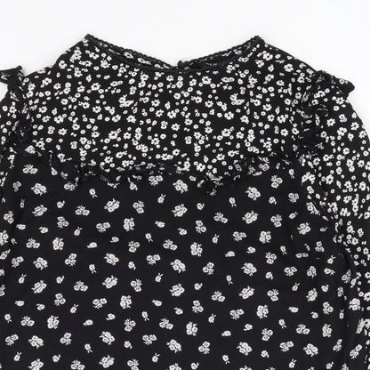 New Look Womens Black Floral Viscose Basic Blouse Size 10 Round Neck
