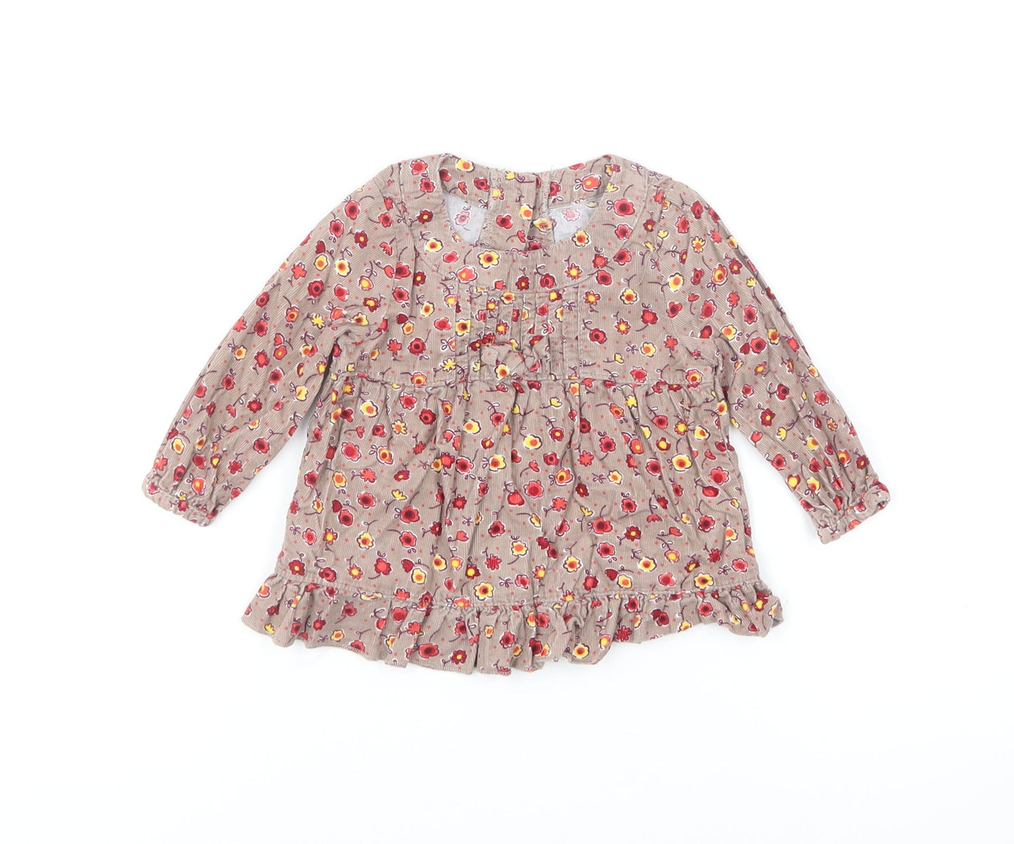 Marks and Spencer Girls Brown Floral Cotton Shift Size 6-9 Months Round Neck Button