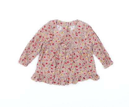 Marks and Spencer Girls Brown Floral Cotton Shift Size 6-9 Months Round Neck Button