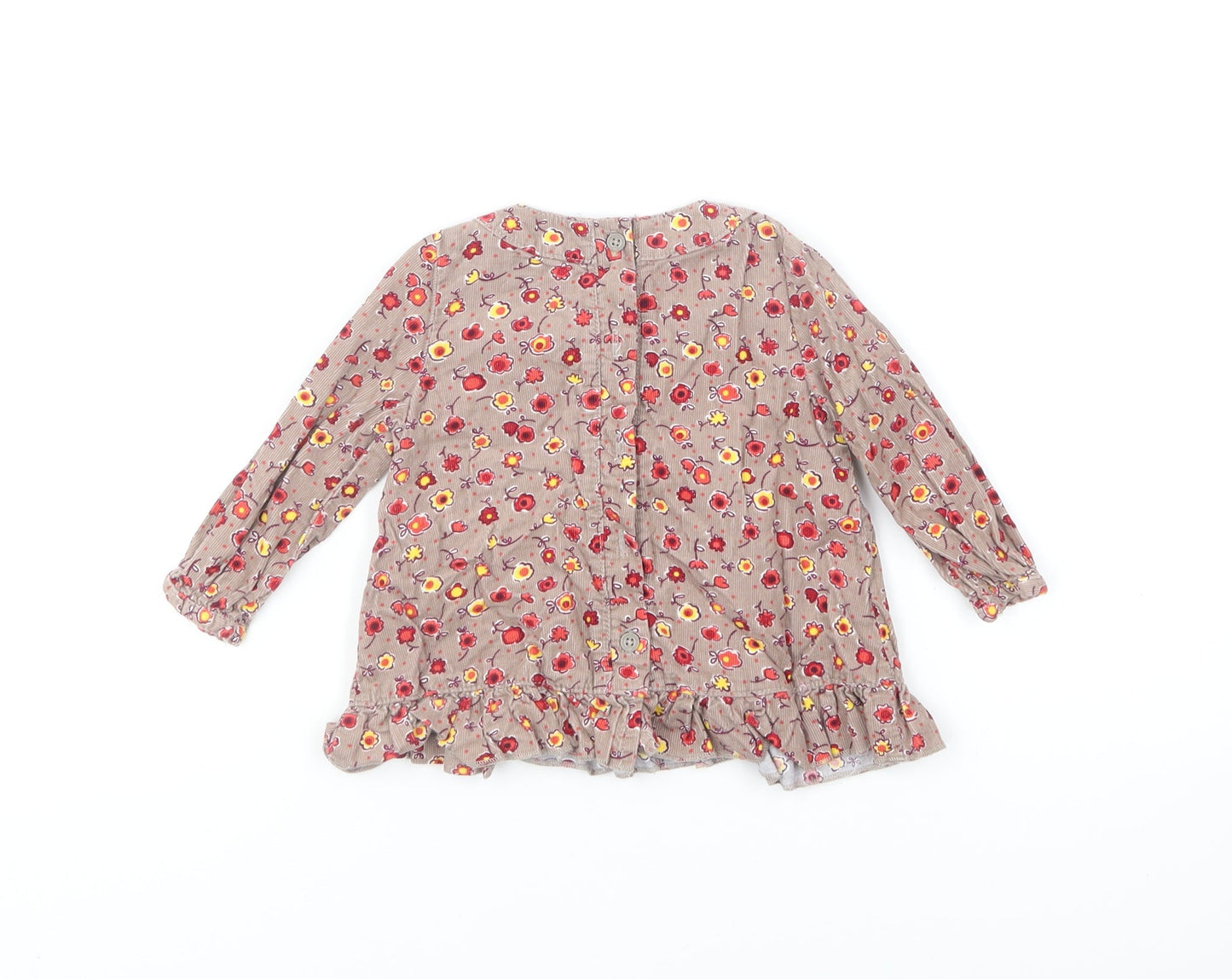 Marks and Spencer Girls Brown Floral Cotton Shift Size 6-9 Months Round Neck Button