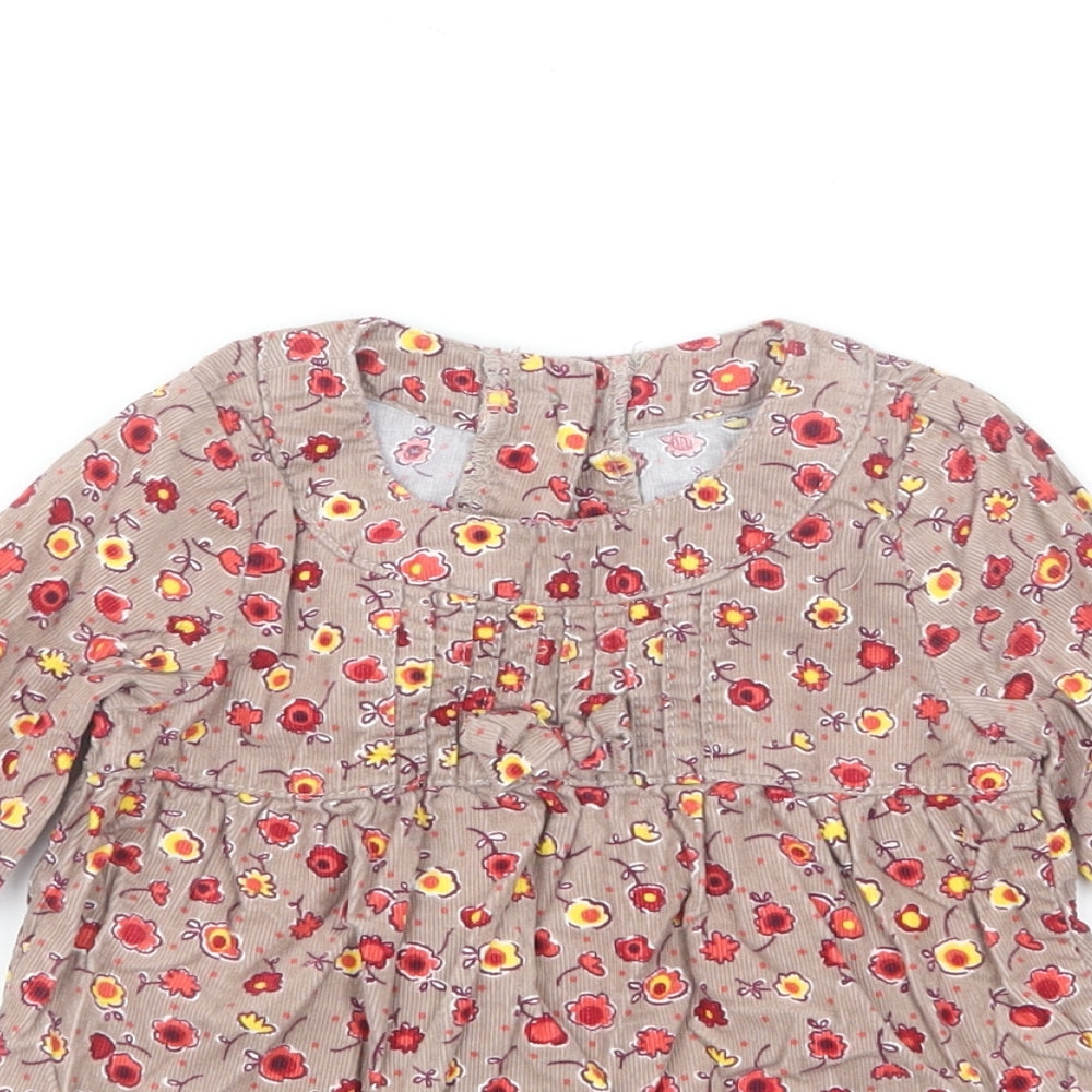 Marks and Spencer Girls Brown Floral Cotton Shift Size 6-9 Months Round Neck Button