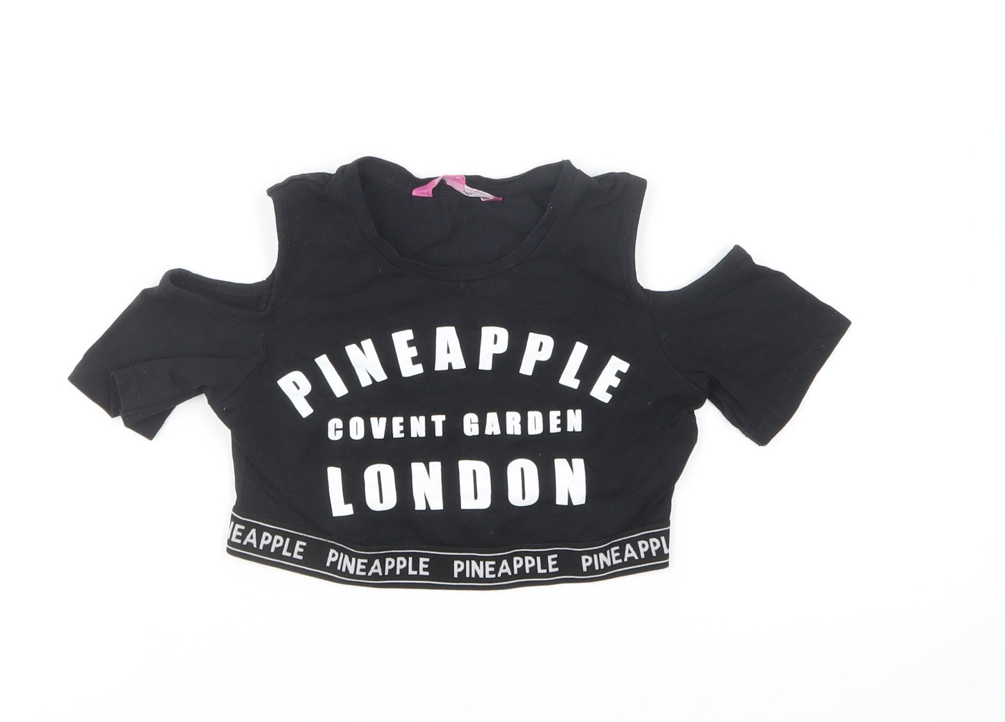 Pineapple Girls Black Cotton Cropped T-Shirt Size 8-9 Years Round Neck Pullover - Cold Shoulder