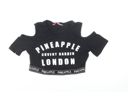 Pineapple Girls Black Cotton Cropped T-Shirt Size 8-9 Years Round Neck Pullover - Cold Shoulder
