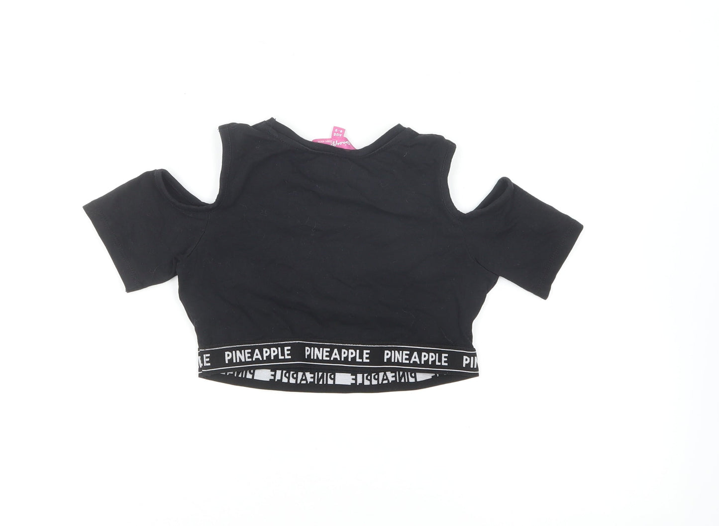 Pineapple Girls Black Cotton Cropped T-Shirt Size 8-9 Years Round Neck Pullover - Cold Shoulder