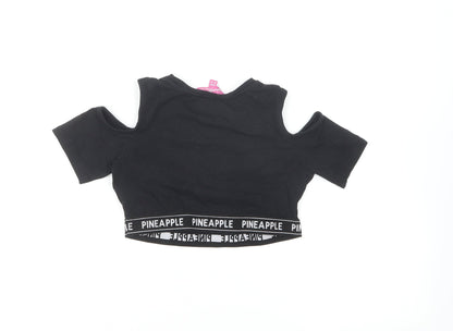 Pineapple Girls Black Cotton Cropped T-Shirt Size 8-9 Years Round Neck Pullover - Cold Shoulder