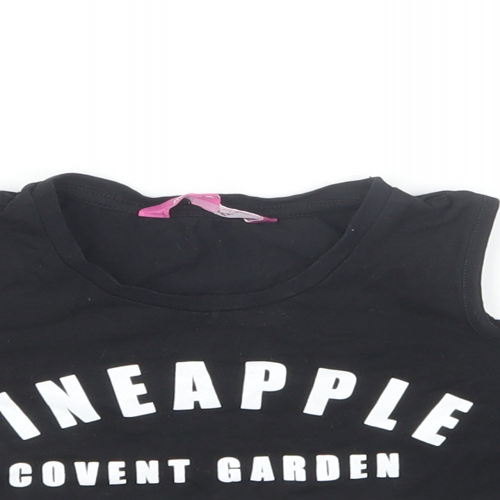 Pineapple Girls Black Cotton Cropped T-Shirt Size 8-9 Years Round Neck Pullover - Cold Shoulder
