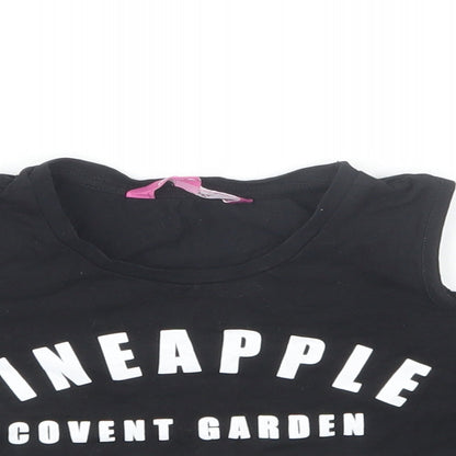 Pineapple Girls Black Cotton Cropped T-Shirt Size 8-9 Years Round Neck Pullover - Cold Shoulder