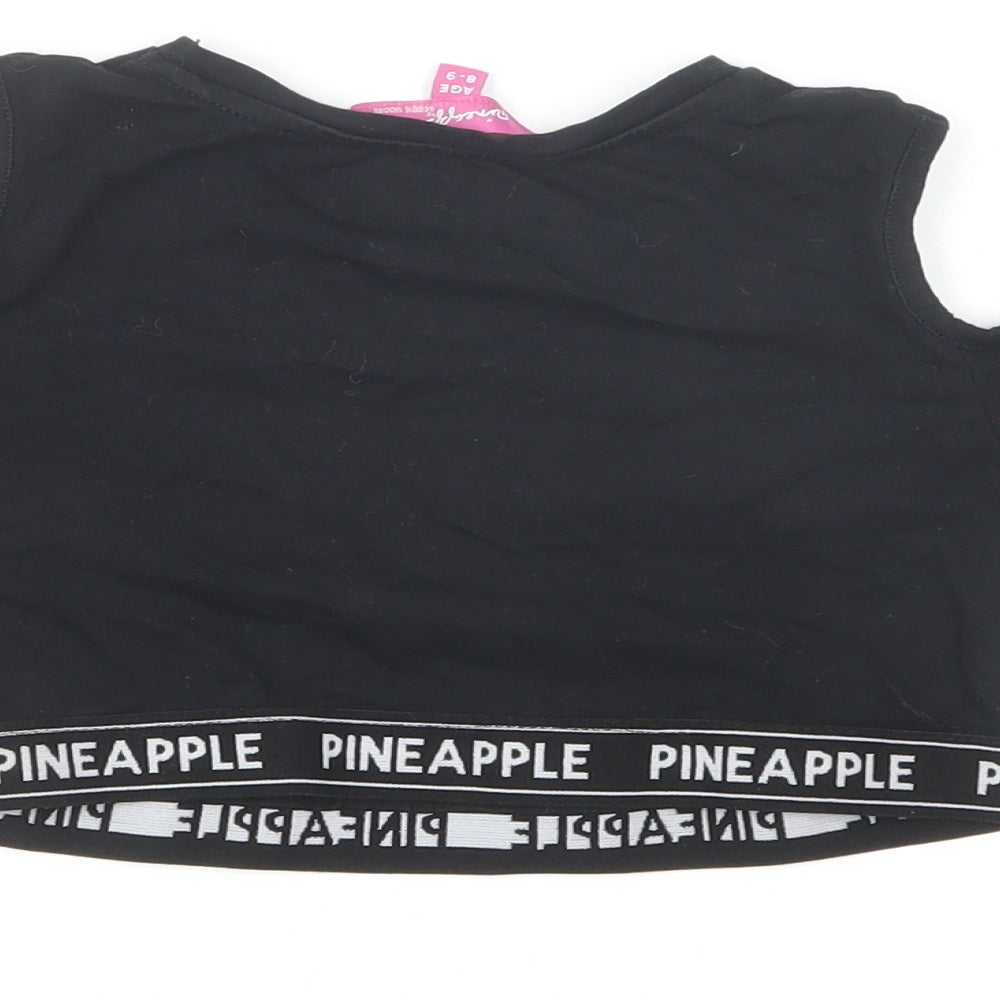 Pineapple Girls Black Cotton Cropped T-Shirt Size 8-9 Years Round Neck Pullover - Cold Shoulder