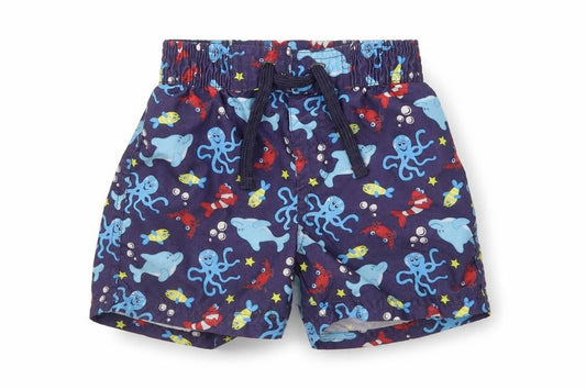 Marks and Spencer Boys Blue Geometric Polyester Cropped Trousers Size 12-18 Months Drawstring - Sea Creature Swim Shorts